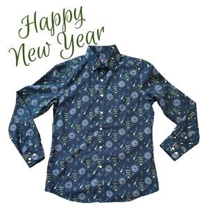 Simon Banks Happy New Year Holiday Collection Button Down Shirt Size M 15.5